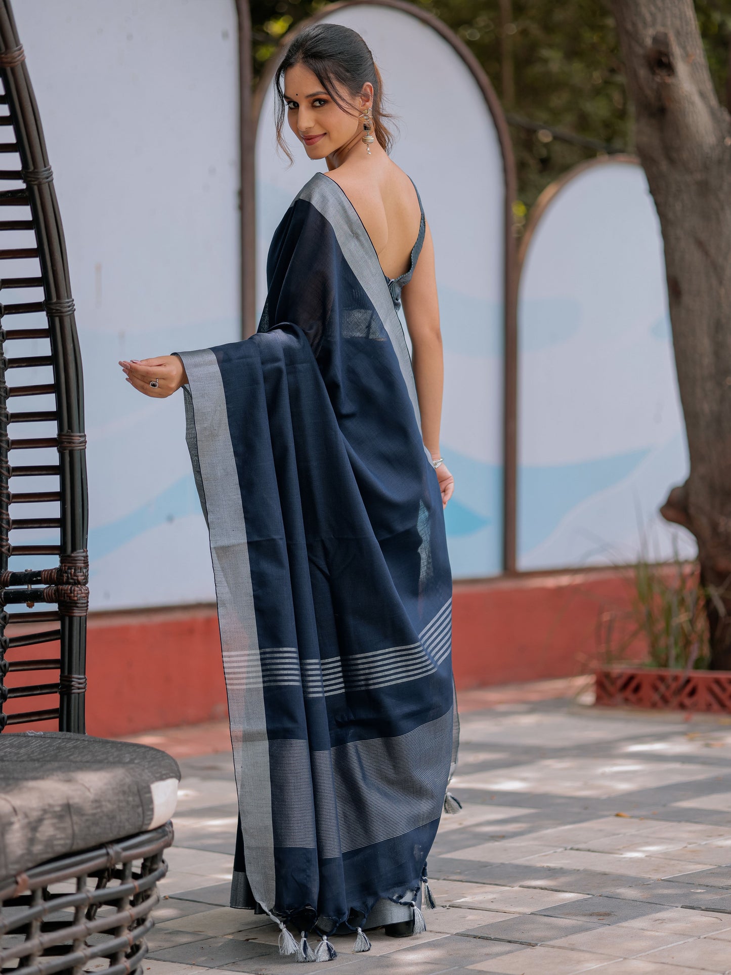 Elegant Midnight Navy Blue Pure Handloom Mul Cotton Saree with Silver Border & Tassel Detailing
