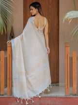 Ivory Cream Pure Handloom Mul Cotton Saree with Golden Striped Weaving & Tassel Detailing