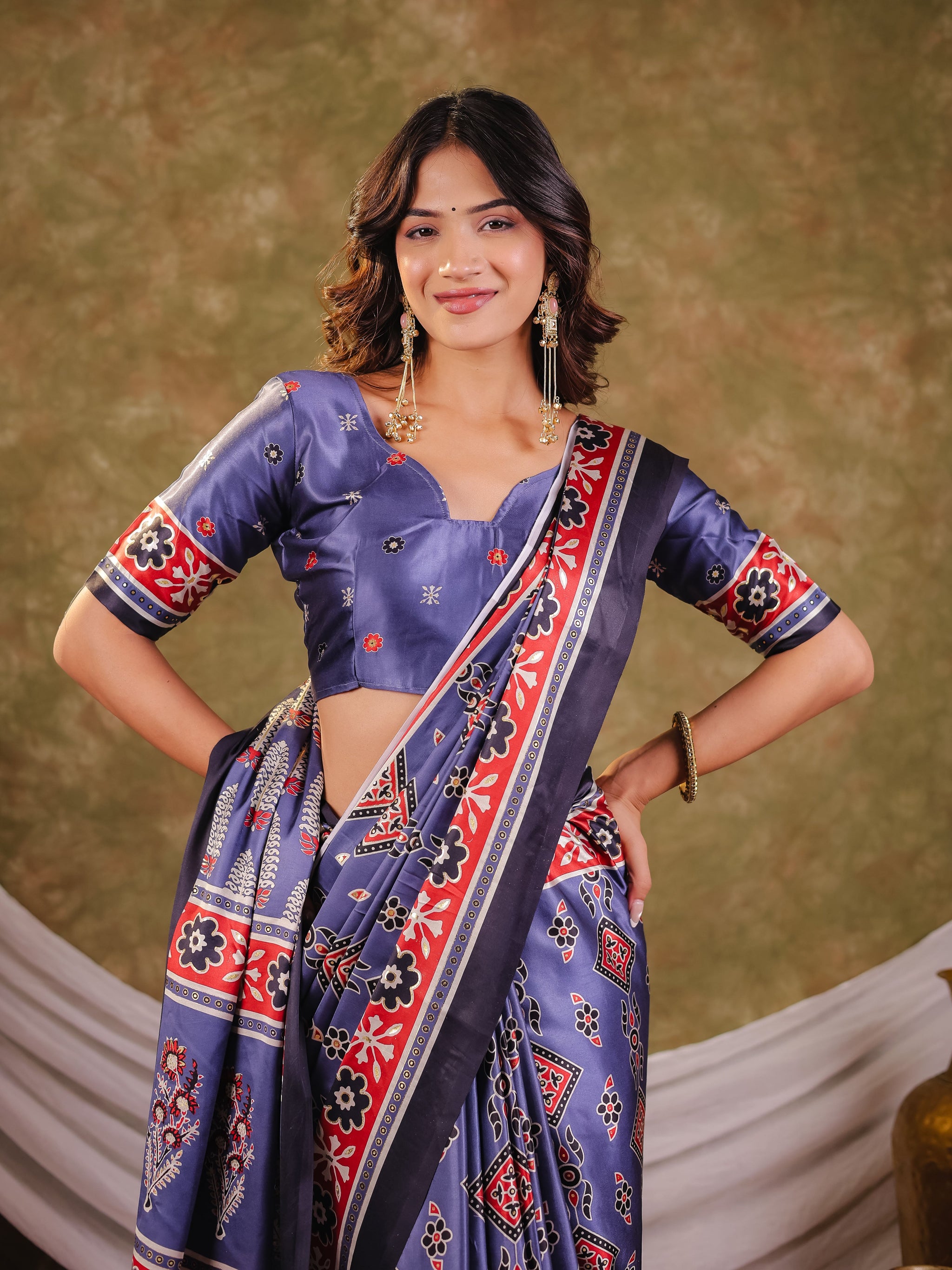 Steel Blue Pure Chinnon Ajrakh Printed Saree with Tassel Edges, Traditional Ethnic Print & Matching Blouse Piece