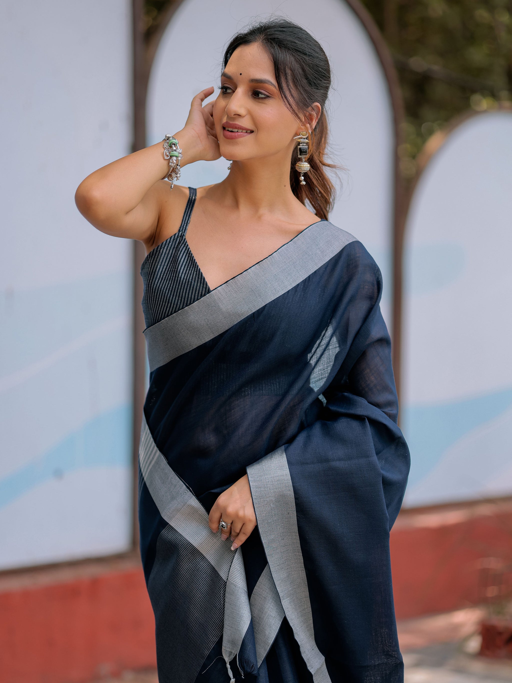 Elegant Midnight Navy Blue Pure Handloom Mul Cotton Saree with Silver Border & Tassel Detailing