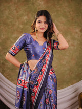 Steel Blue Pure Chinnon Ajrakh Printed Saree with Tassel Edges, Traditional Ethnic Print & Matching Blouse Piece