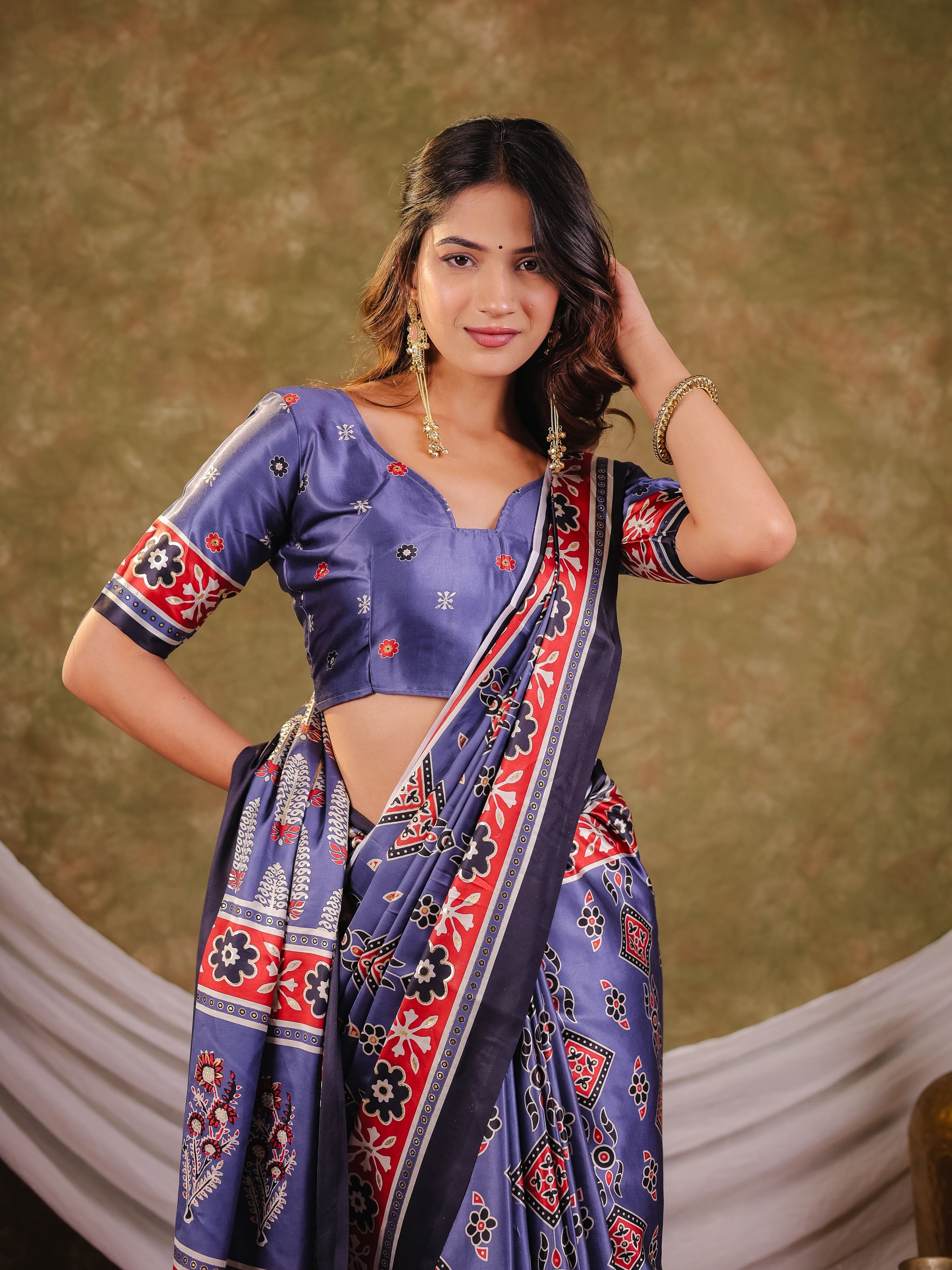 Steel Blue Pure Chinnon Ajrakh Printed Saree with Tassel Edges, Traditional Ethnic Print & Matching Blouse Piece