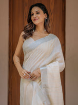 Ivory Cream Pure Handloom Mul Cotton Saree with Golden Striped Weaving & Tassel Detailing