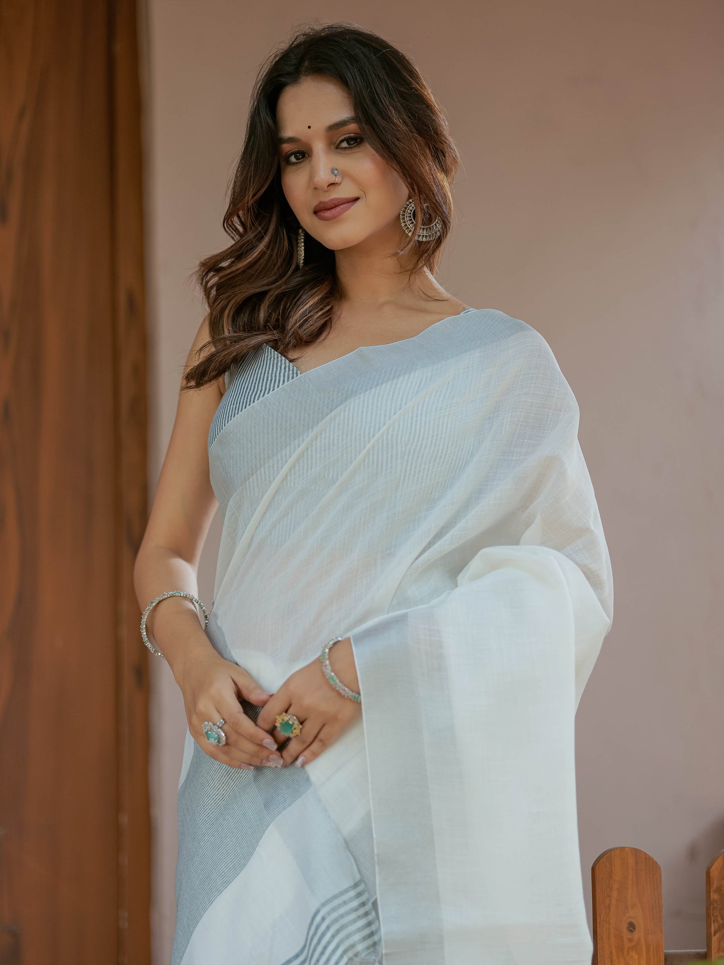 Pure White & Teal Blue Handloom Mul Cotton Saree with Minimal Striped Border & Tassel Detailing