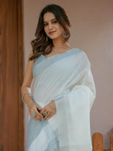 Pure White & Teal Blue Handloom Mul Cotton Saree with Minimal Striped Border & Tassel Detailing