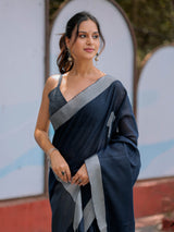 Elegant Midnight Navy Blue Pure Handloom Mul Cotton Saree with Silver Border & Tassel Detailing