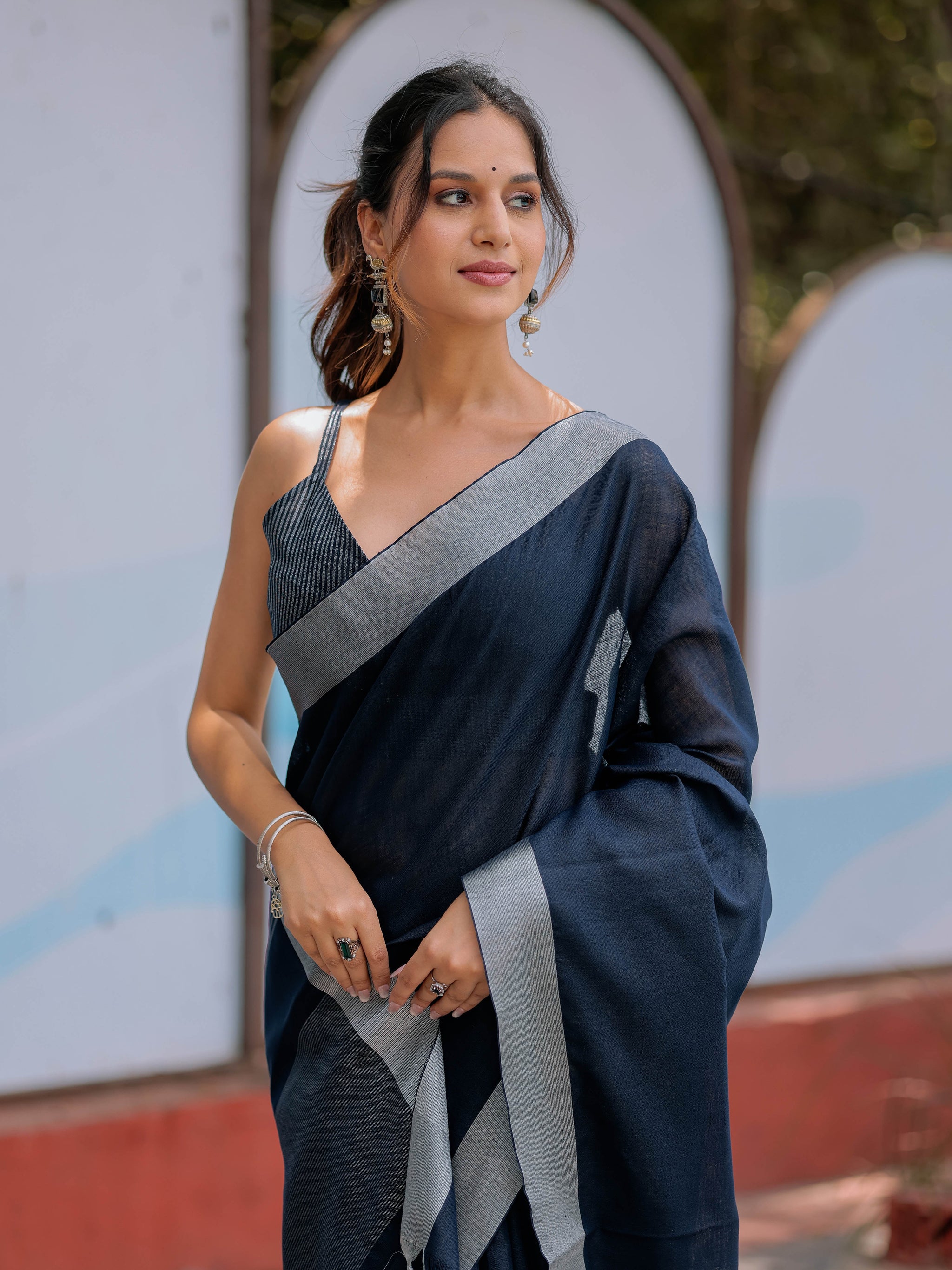 Elegant Midnight Navy Blue Pure Handloom Mul Cotton Saree with Silver Border & Tassel Detailing
