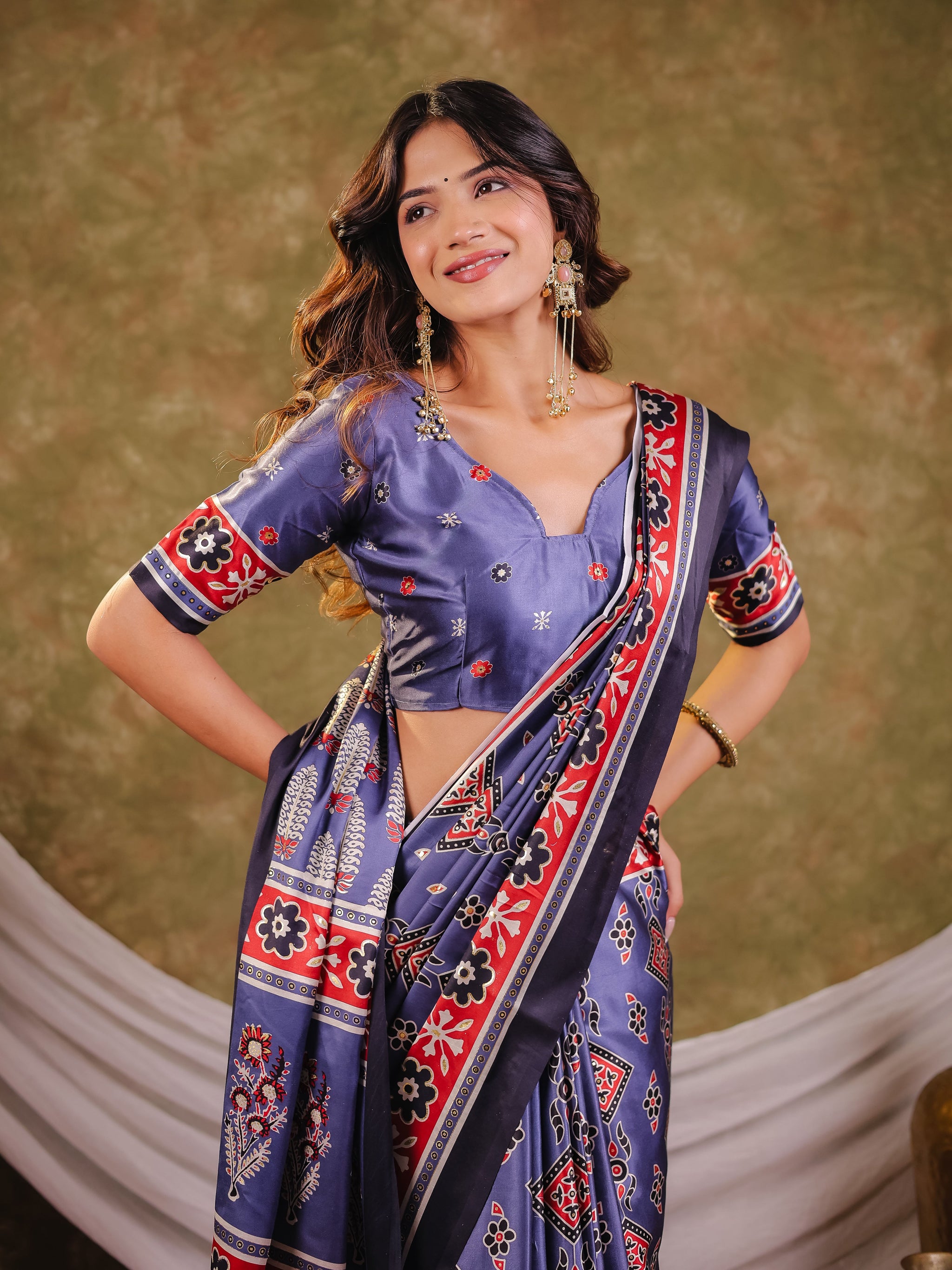 Steel Blue Pure Chinnon Ajrakh Printed Saree with Tassel Edges, Traditional Ethnic Print & Matching Blouse Piece