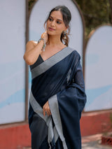 Elegant Midnight Navy Blue Pure Handloom Mul Cotton Saree with Silver Border & Tassel Detailing