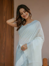 Pure White & Teal Blue Handloom Mul Cotton Saree with Minimal Striped Border & Tassel Detailing