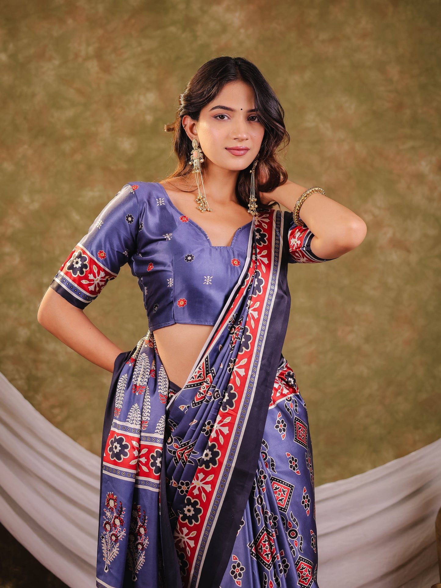 Steel Blue Pure Chinnon Ajrakh Printed Saree with Tassel Edges, Traditional Ethnic Print & Matching Blouse Piece