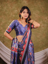 Steel Blue Pure Chinnon Ajrakh Printed Saree with Tassel Edges, Traditional Ethnic Print & Matching Blouse Piece