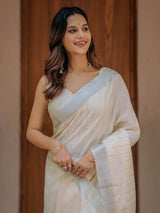 Ivory Cream Pure Handloom Mul Cotton Saree with Golden Striped Weaving & Tassel Detailing