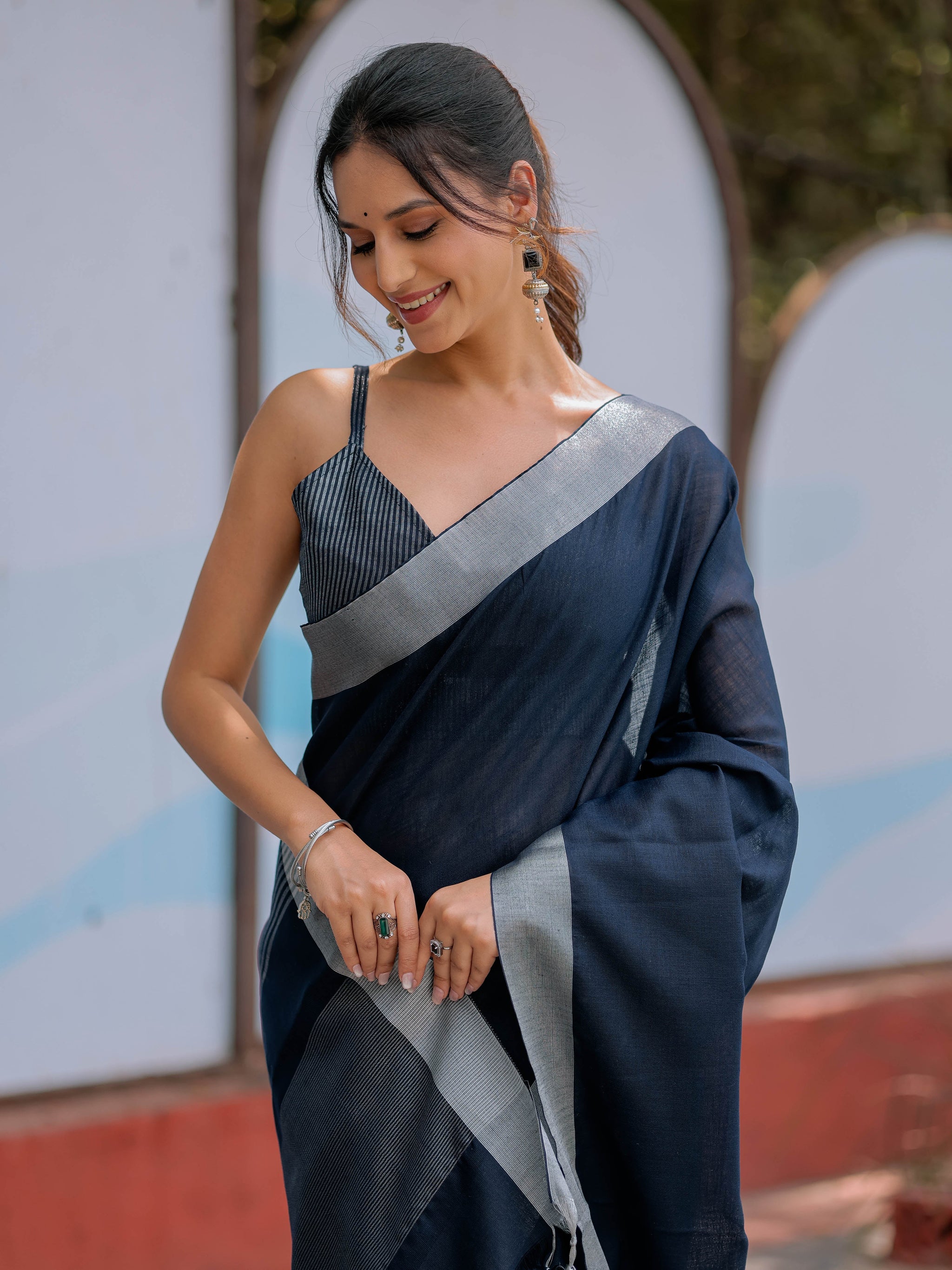 Elegant Midnight Navy Blue Pure Handloom Mul Cotton Saree with Silver Border & Tassel Detailing