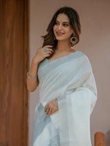 Pure White & Teal Blue Handloom Mul Cotton Saree with Minimal Striped Border & Tassel Detailing