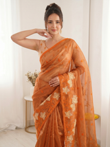 Orange Pure Oris Silk Saree with Embroidered Lotus Buttis & Applique Border