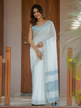 Pure White & Sky Blue Handloom Mul Cotton Saree with Minimal Striped Border & Tassel Detailing