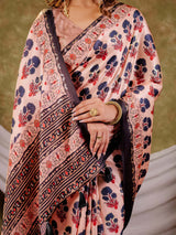 Peach Pink Pure Chinnon Ajrakh Printed Saree with Tassel Edges, Traditional Floral Print & Matching Blouse Piece