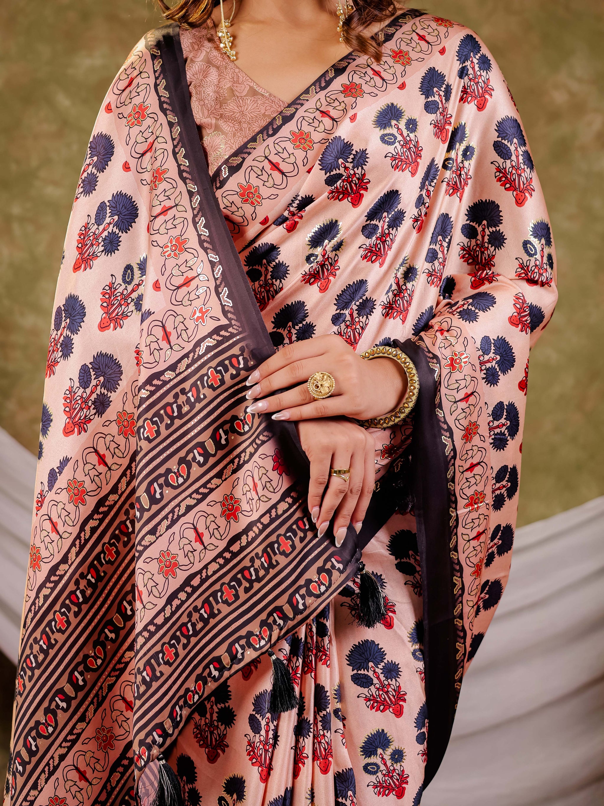 Peach Pink Pure Chinnon Ajrakh Printed Saree with Tassel Edges, Traditional Floral Print & Matching Blouse Piece