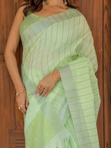 Mint Green Pure Handloom Mul Cotton Saree with Striped Weaving & Tassel Detailing