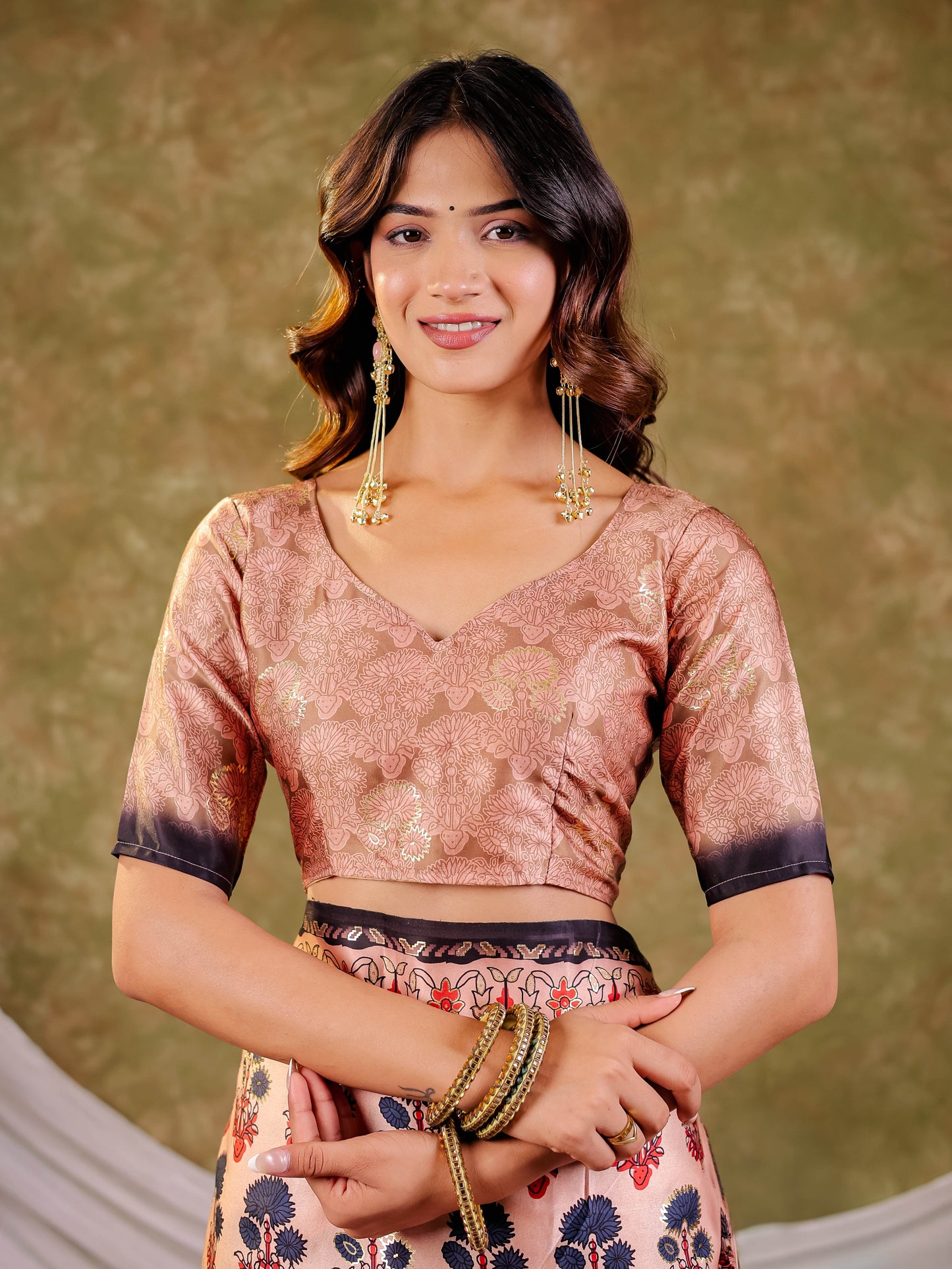 Peach Pink Pure Chinnon Ajrakh Printed Saree with Tassel Edges, Traditional Floral Print & Matching Blouse Piece
