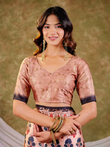Peach Pink Pure Chinnon Ajrakh Printed Saree with Tassel Edges, Traditional Floral Print & Matching Blouse Piece