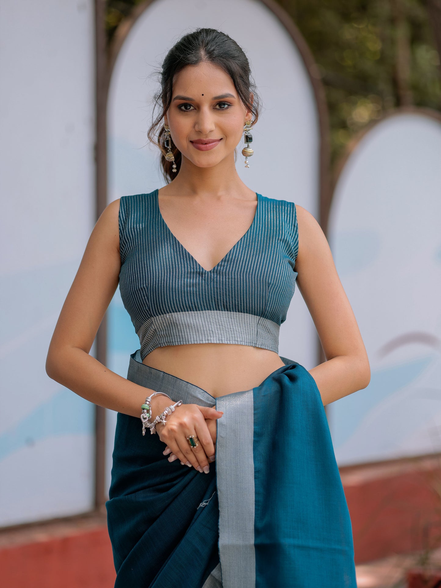 Elegant Teal Blue Pure Handloom Mul Cotton Saree with Silver Border & Tassel Detailing