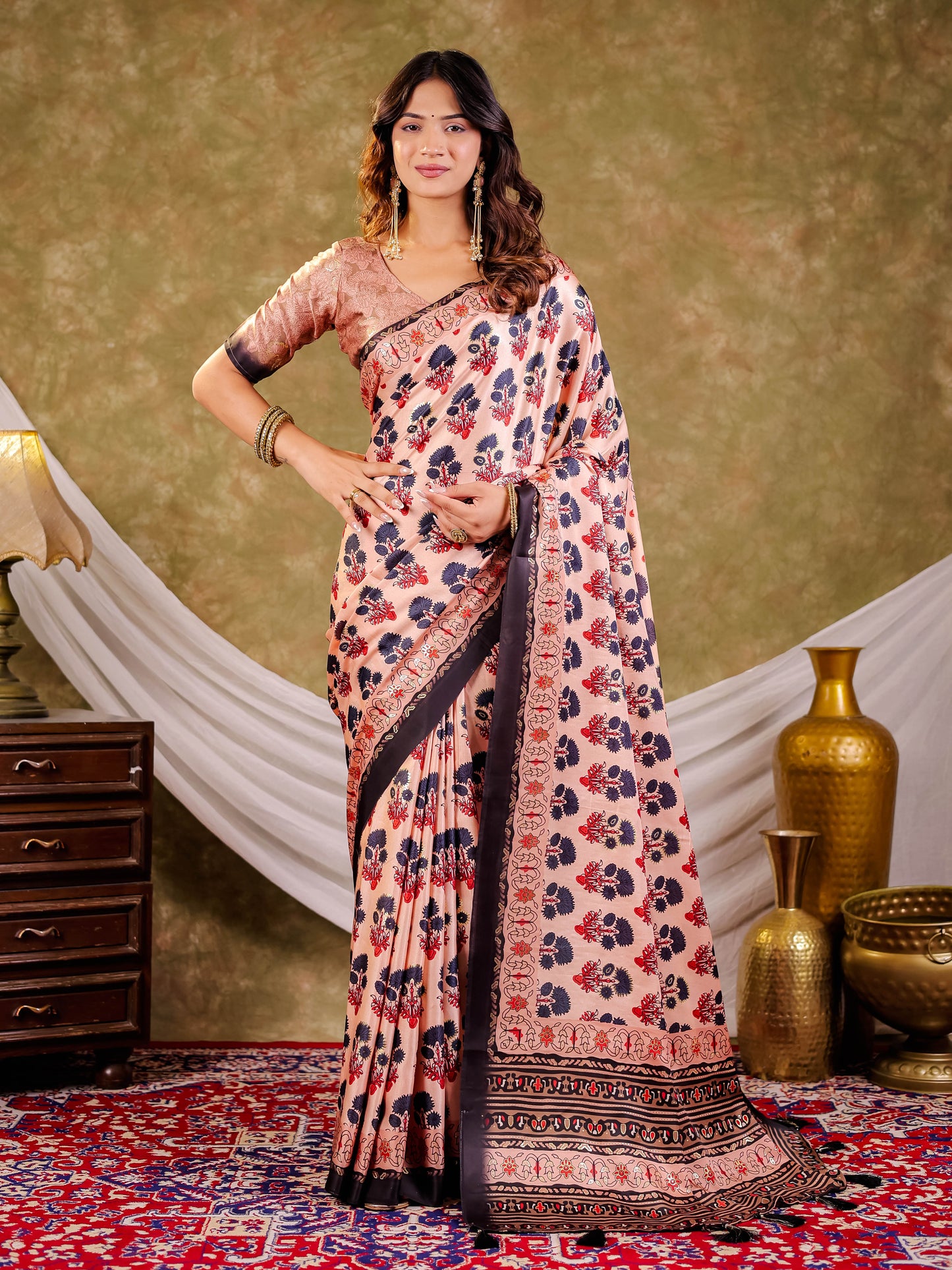 Peach Pink Pure Chinnon Ajrakh Printed Saree with Tassel Edges, Traditional Floral Print & Matching Blouse Piece