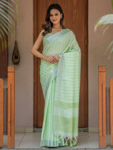 Mint Green Pure Handloom Mul Cotton Saree with Striped Weaving & Tassel Detailing