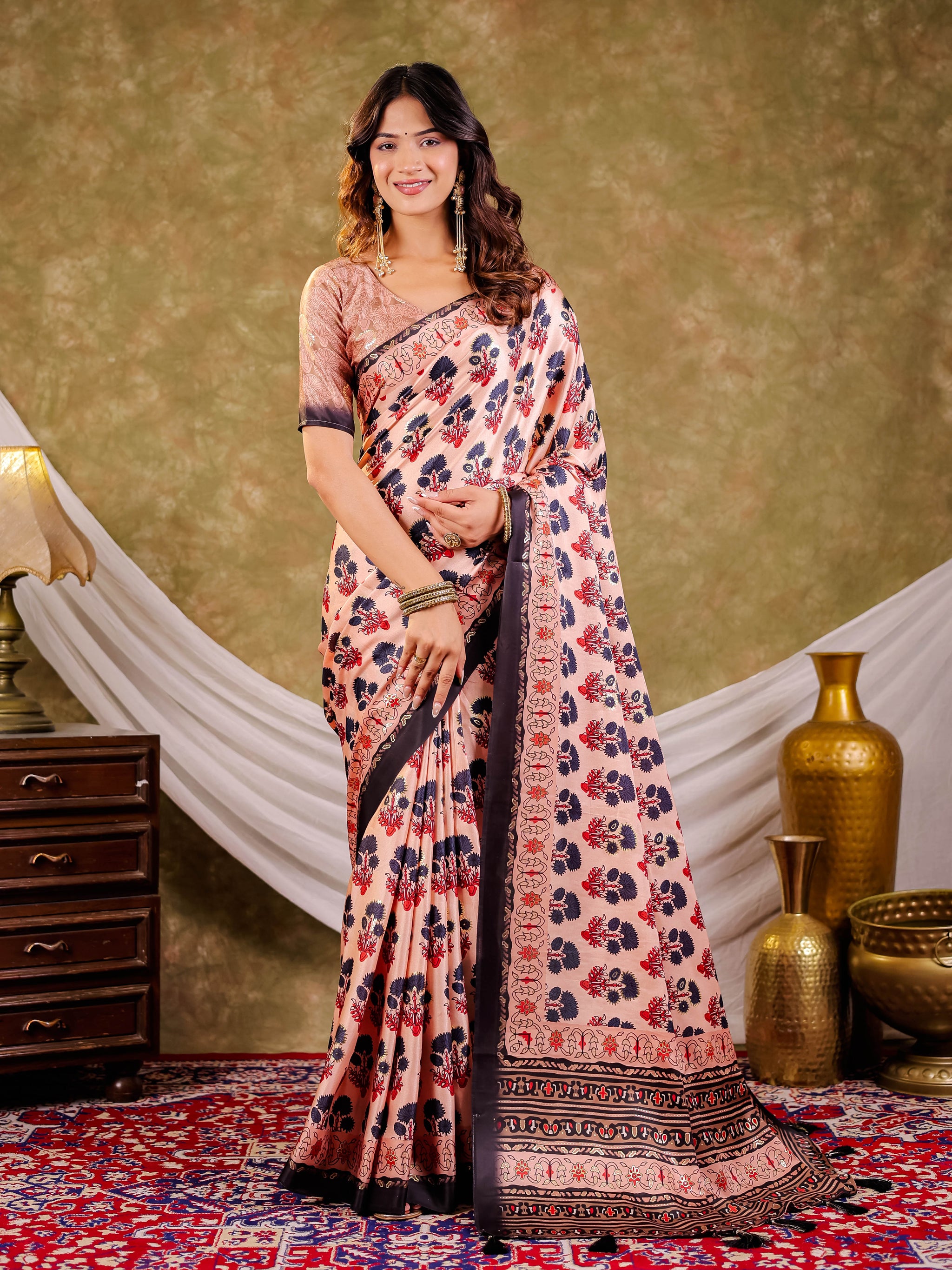 Peach Pink Pure Chinnon Ajrakh Printed Saree with Tassel Edges, Traditional Floral Print & Matching Blouse Piece