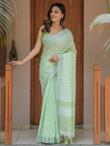 Mint Green Pure Handloom Mul Cotton Saree with Striped Weaving & Tassel Detailing