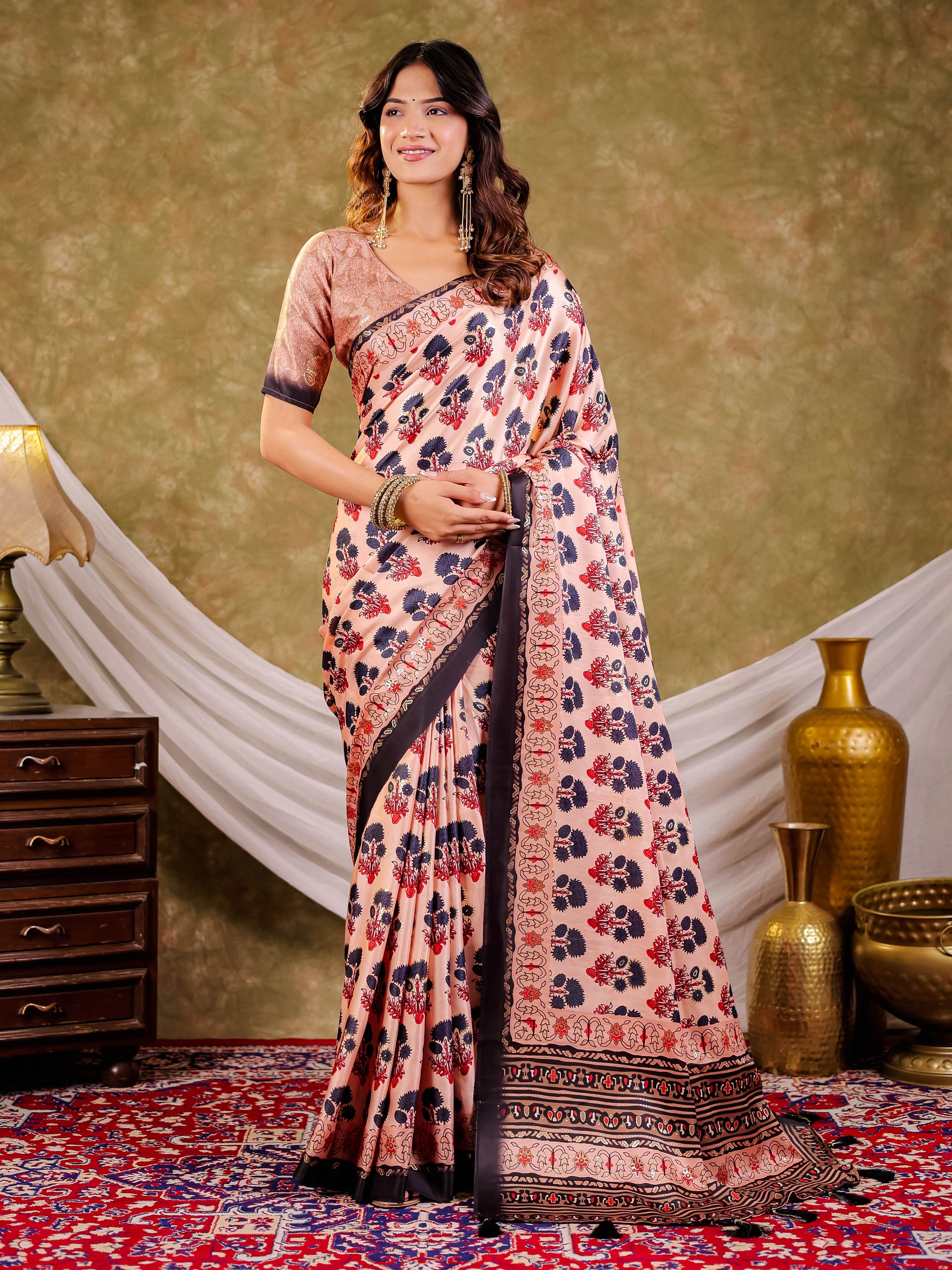 Peach Pink Pure Chinnon Ajrakh Printed Saree with Tassel Edges, Traditional Floral Print & Matching Blouse Piece