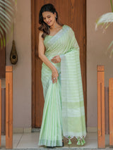 Mint Green Pure Handloom Mul Cotton Saree with Striped Weaving & Tassel Detailing