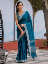 Elegant Teal Blue Pure Handloom Mul Cotton Saree with Silver Border & Tassel Detailing