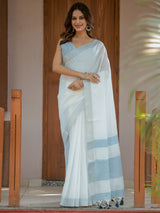 Pure White & Sky Blue Handloom Mul Cotton Saree with Minimal Striped Border & Tassel Detailing