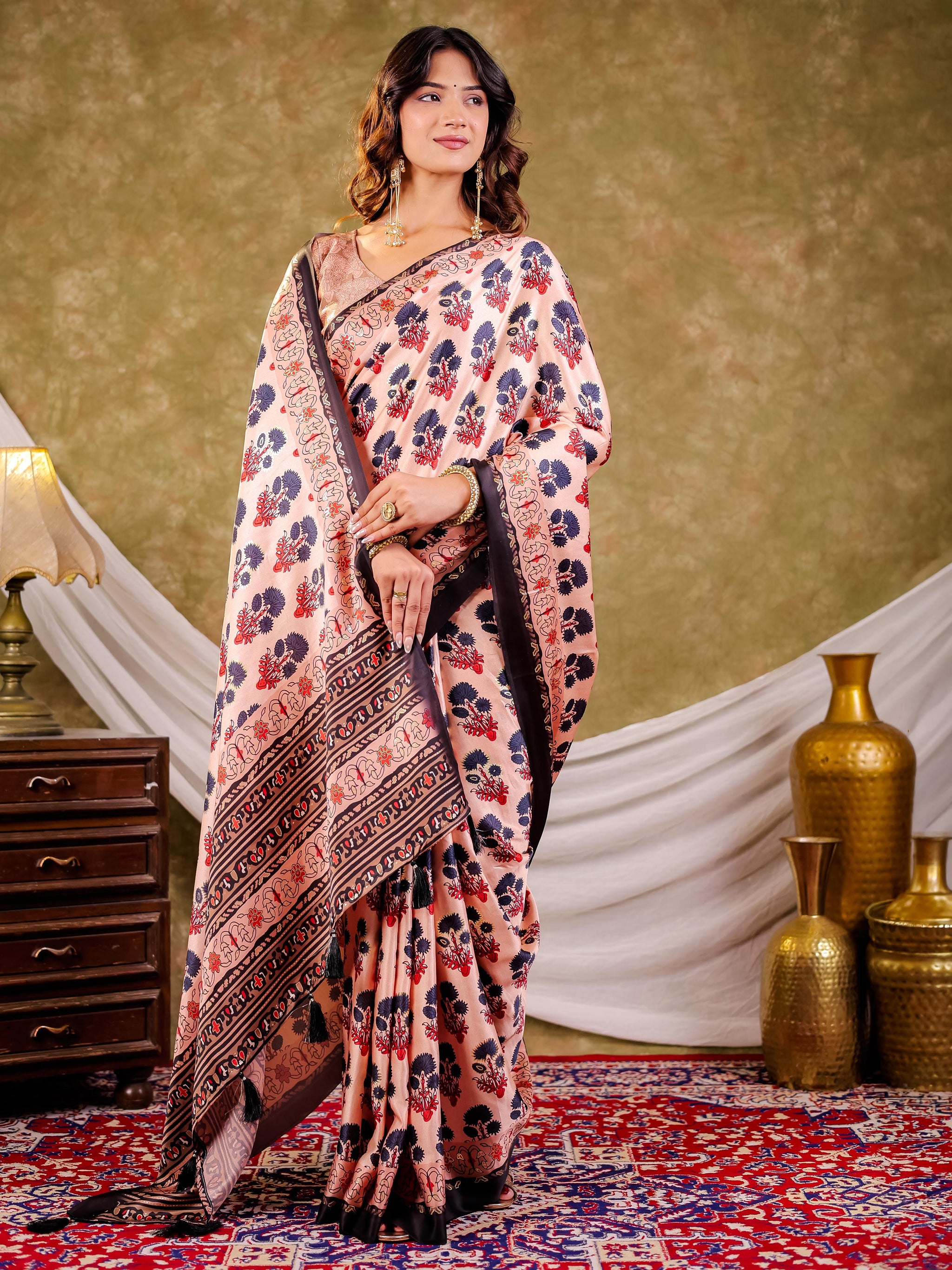 Peach Pink Pure Chinnon Ajrakh Printed Saree with Tassel Edges, Traditional Floral Print & Matching Blouse Piece