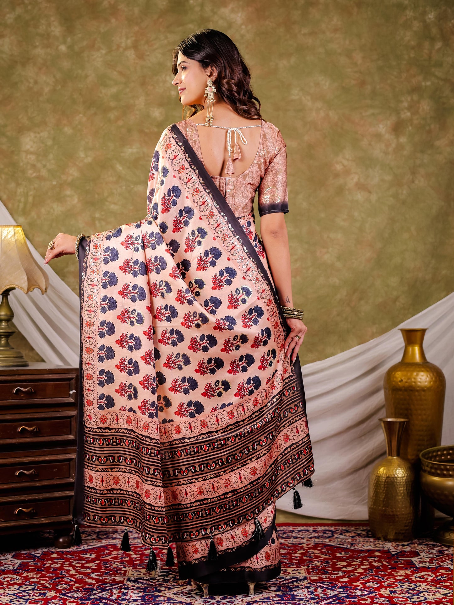 Peach Pink Pure Chinnon Ajrakh Printed Saree with Tassel Edges, Traditional Floral Print & Matching Blouse Piece