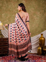 Peach Pink Pure Chinnon Ajrakh Printed Saree with Tassel Edges, Traditional Floral Print & Matching Blouse Piece