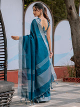 Elegant Teal Blue Pure Handloom Mul Cotton Saree with Silver Border & Tassel Detailing