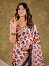 Peach Pink Pure Chinnon Ajrakh Printed Saree with Tassel Edges, Traditional Floral Print & Matching Blouse Piece