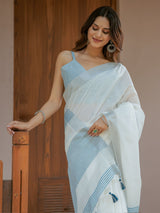 Pure White & Sky Blue Handloom Mul Cotton Saree with Minimal Striped Border & Tassel Detailing