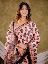 Peach Pink Pure Chinnon Ajrakh Printed Saree with Tassel Edges, Traditional Floral Print & Matching Blouse Piece