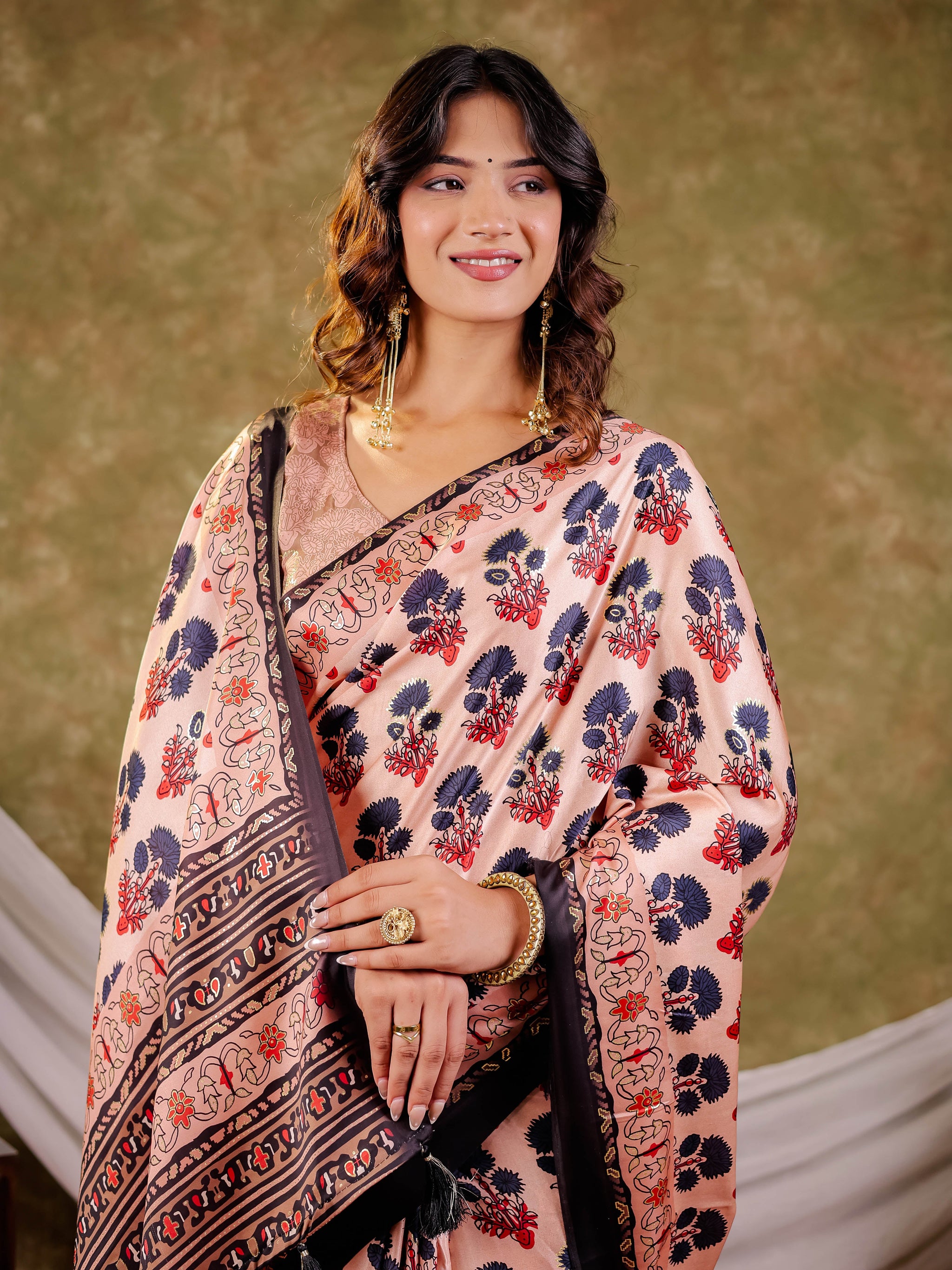 Peach Pink Pure Chinnon Ajrakh Printed Saree with Tassel Edges, Traditional Floral Print & Matching Blouse Piece