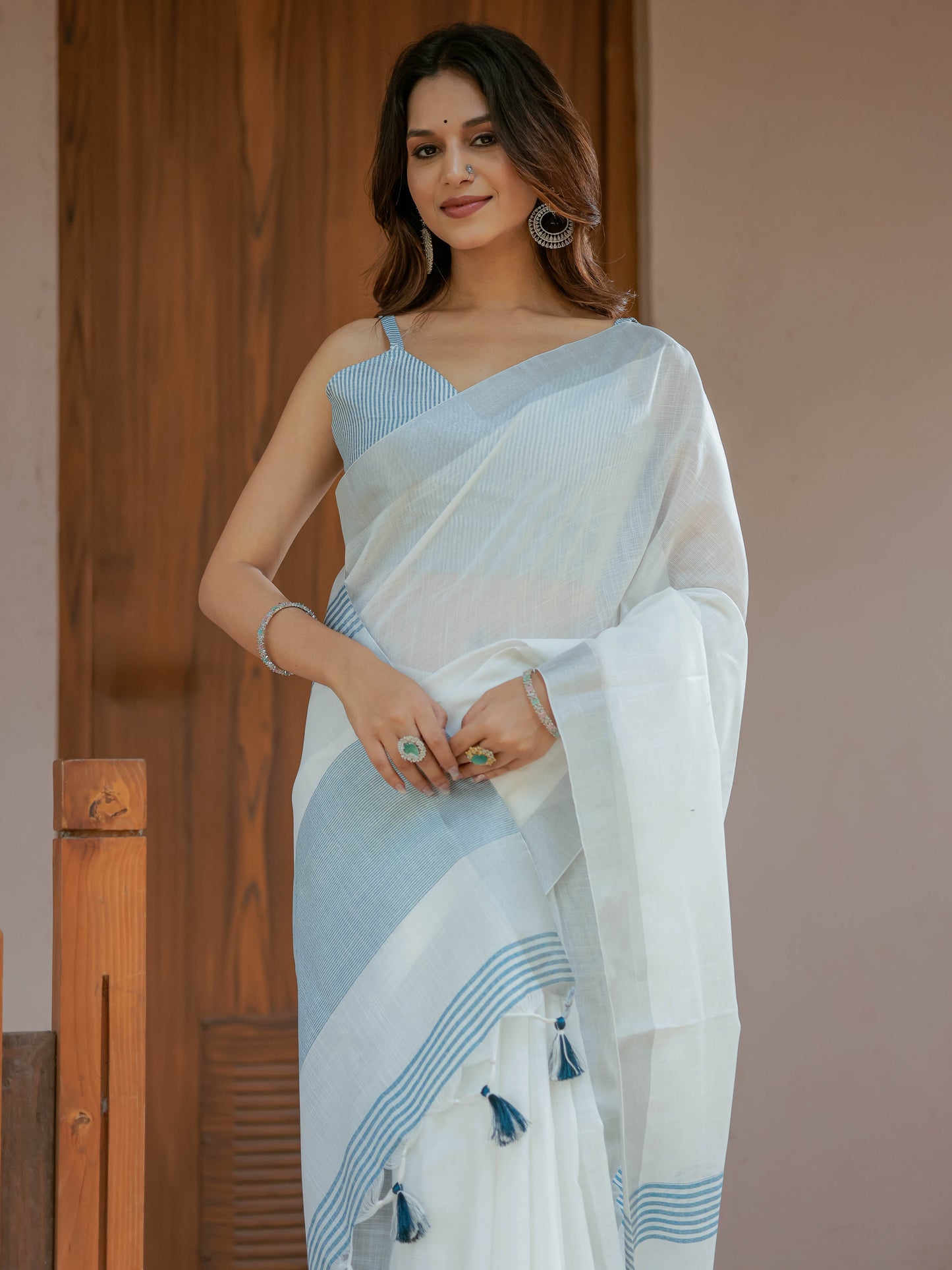 Pure White & Sky Blue Handloom Mul Cotton Saree with Minimal Striped Border & Tassel Detailing