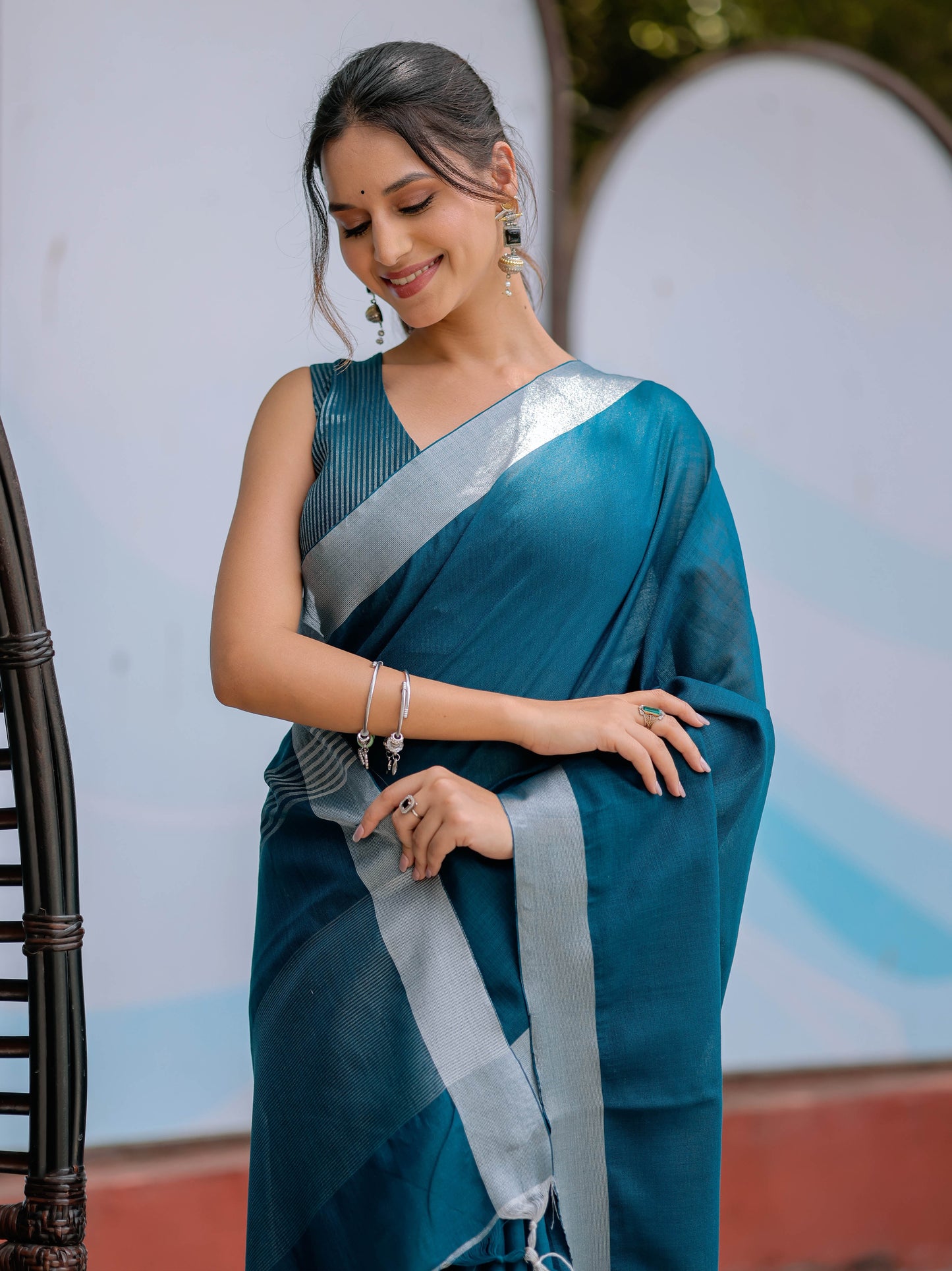 Elegant Teal Blue Pure Handloom Mul Cotton Saree with Silver Border & Tassel Detailing