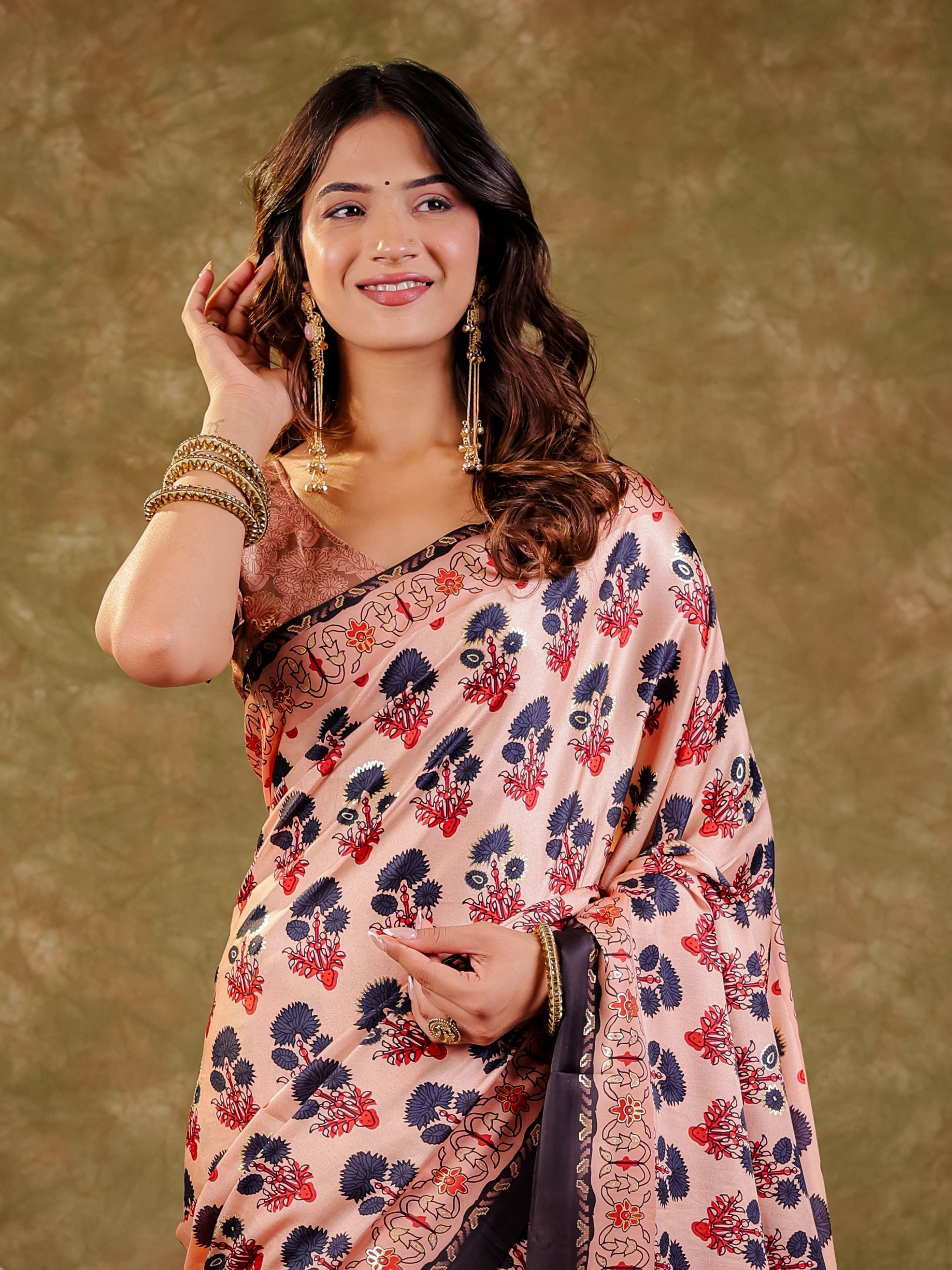 Peach Pink Pure Chinnon Ajrakh Printed Saree with Tassel Edges, Traditional Floral Print & Matching Blouse Piece