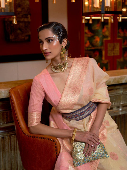 Cream Linen Silk Saree With Blouse Piece