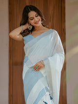 Pure White & Sky Blue Handloom Mul Cotton Saree with Minimal Striped Border & Tassel Detailing