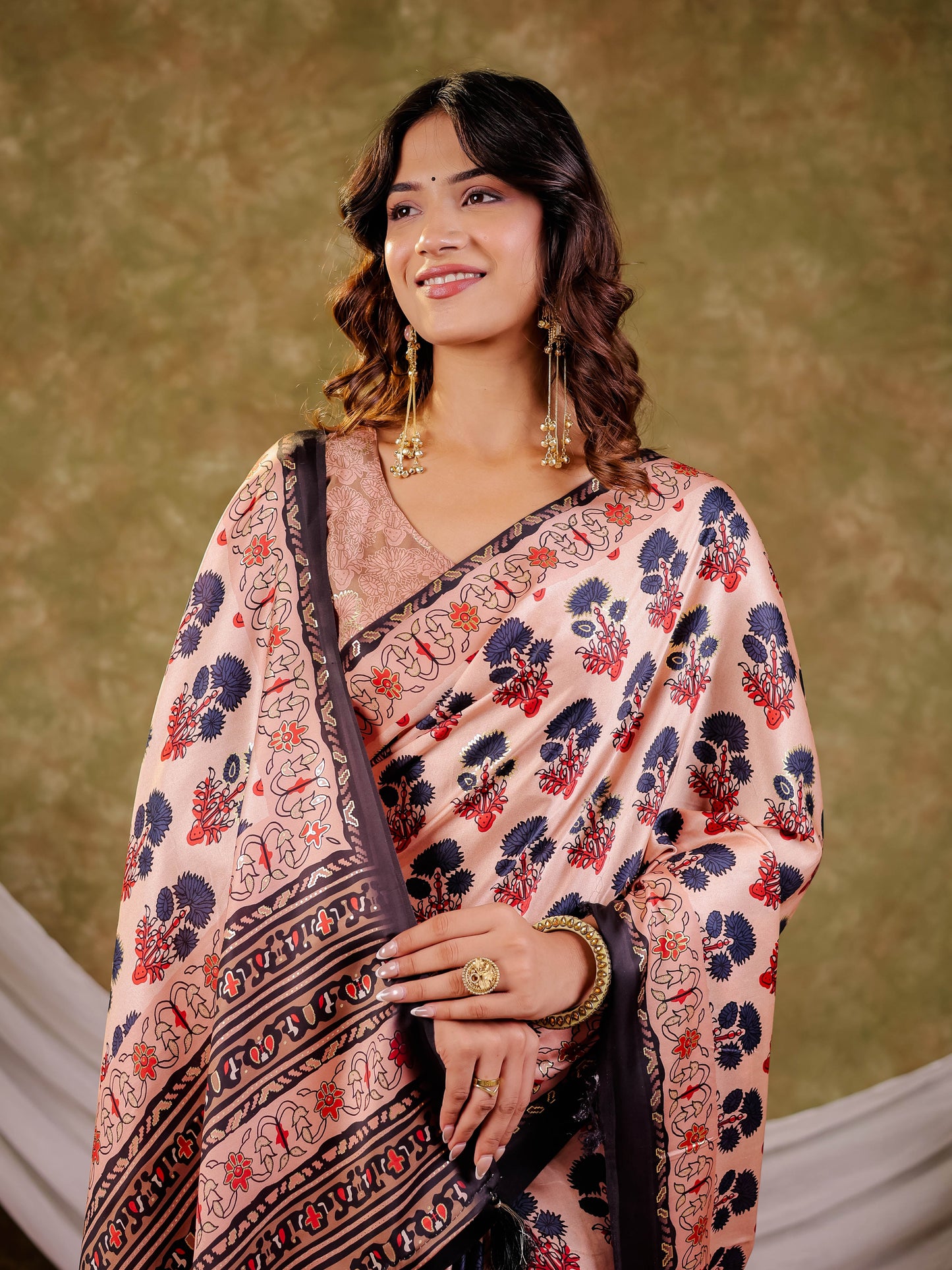 Peach Pink Pure Chinnon Ajrakh Printed Saree with Tassel Edges, Traditional Floral Print & Matching Blouse Piece
