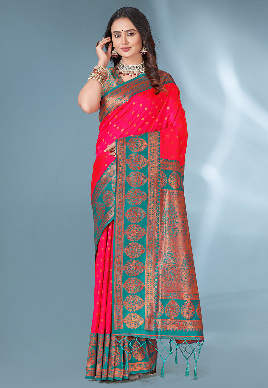 Pink polka paithani silk contrast zari woven saree with unstitched blouse